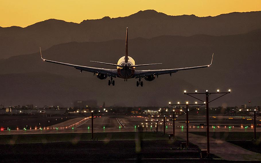 A plane lands at Harry Reid International Airport on October 14, 2022, in Las Vegas, Nevada. 