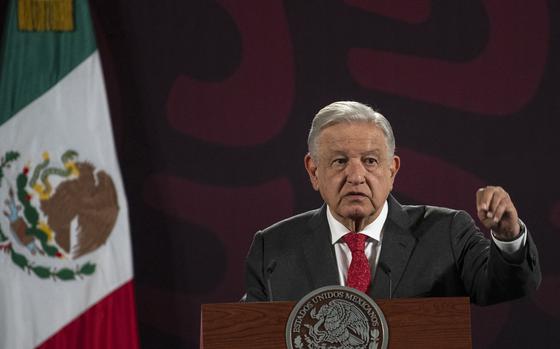 Mexico's President Andres Manuel Lopez Obrador gestures while speaking during his daily early morning press conference at the National Palace in Mexico City on Aug. 23, 2024. Mexico sent a diplomatic note to the United States to protest the "interfering statement" of its ambassador, Ken Salazar, regarding the judicial reform being discussed in the country. (Yuri Cortez/AFP/Getty Images/TNS)