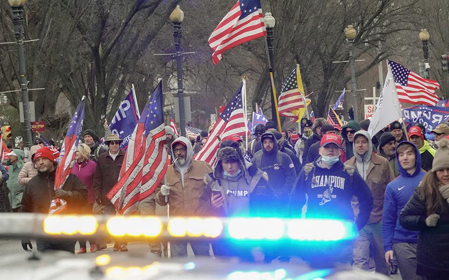 Thousands of Trump supporters march toward the Capitol in Washington on Jan. 6, 2021.