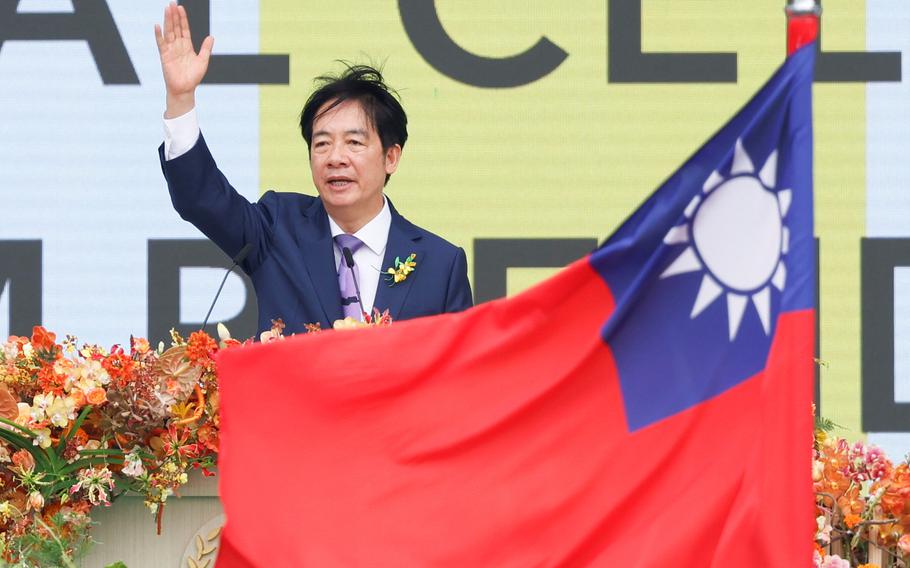 Taiwan’s new President Lai Ching-te speaks on stage during the inauguration ceremony outside the Presidential office building in Taipei, Taiwan May 20, 2024. 