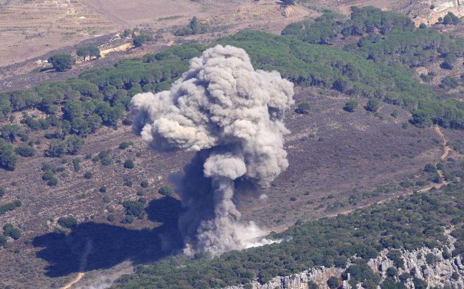 Smoke rises from an Israeli airstrike on the Mahmoudieh mountain, as seen from Marjayoun town, south Lebanon, Tuesday, Sept. 24, 2024.