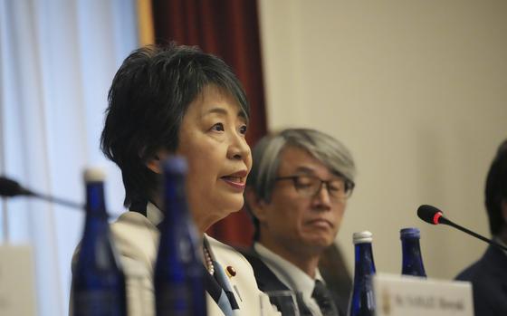 Japanese Foreign Minister Yoko Kamikawa, left, speaks during a meeting with U.S. Secretary of State Antony Blinken and Republic of Korea Foreign Minister Cho Tae-yul in New York, Monday, Sept. 23, 2024. (Bryan R. Smith/Pool Photo via AP)