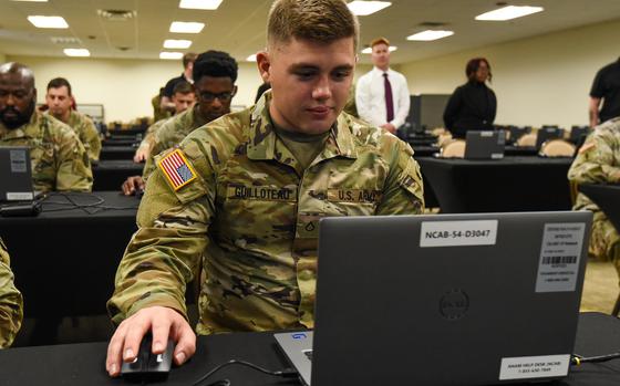 Soldiers at Fort Moore, Ga., take a cognitive screening test as part of a new Army program aimed at improving brain health and recovery. The program will test all incoming recruits and officer trainees across the service for baseline brain health and assess them continually throughout their careers for signs of injury or cognitive decline. (Corey Dickstein/Stars and Stripes)