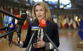 European Union foreign policy chief Kaja Kallas speaks with the media as she arrives for a meeting of EU foreign ministers at the European Council building in Brussels, Monday, Jan. 27, 2025. (AP Photo/Virginia Mayo)