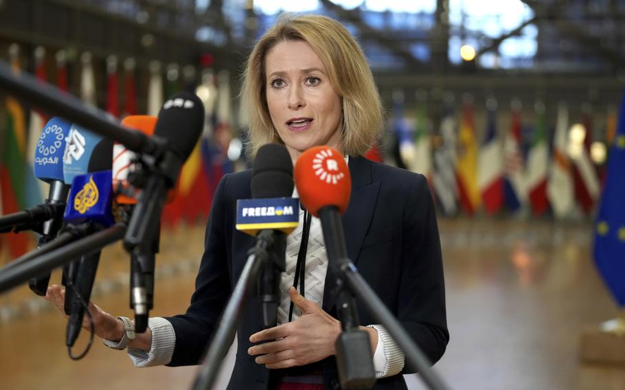 European Union foreign policy chief Kaja Kallas speaks with the media