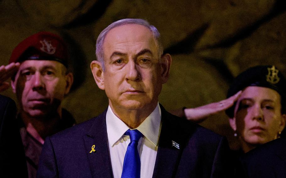 Israeli Prime Minister Benjamin Netanyahu attends a wreath-laying ceremony marking Holocaust Remembrance Day in the Hall of Remembrance at Yad Vashem, the World Holocaust Remembrance Centre, in Jerusalem, on May 6, 2024.