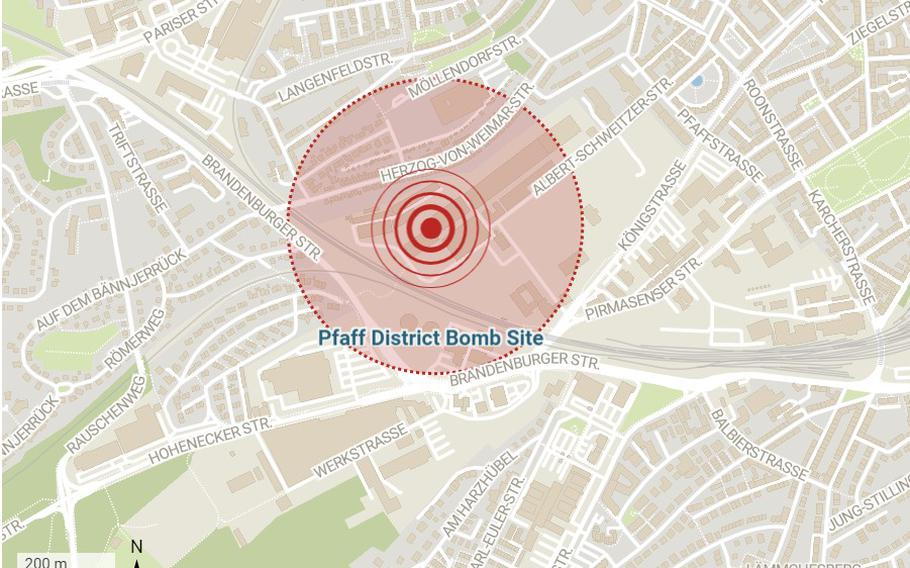 A map shows the area in Kaiserslautern’s Pfaff district where a 550-pound World War II bomb was discovered, prompting evacuations ahead of its scheduled defusal on Thursday night.