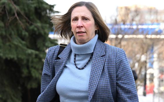 US ambassador to Russia Lynne Tracy arrives at the Moscow City Court prior to a hearing on the extention of pre-trial detention of US journalist Evan Gershkovich, arrested on espionage charges, in Moscow on March 26, 2024. (Natalia Kolesnikova/AFP/Getty Images/TNS)