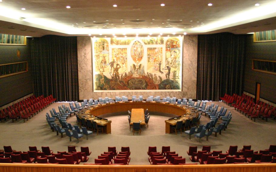 The United Nations Security Council Chamber in New York, also known as the Norwegian Room.