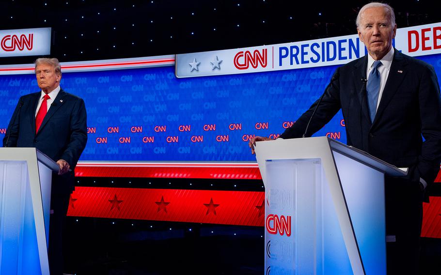 President Joe Biden and Republican presidential candidate, former President Donald Trump participate in the CNN Presidential Debate at the CNN Studios on June 27, 2024, in Atlanta. 