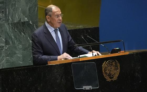 Russia's Minister for Foreign Affairs Sergey Lavrov addresses the 79th session of the United Nations General Assembly, Saturday, Sept. 28, 2024. (AP Photo/Pamela Smith)