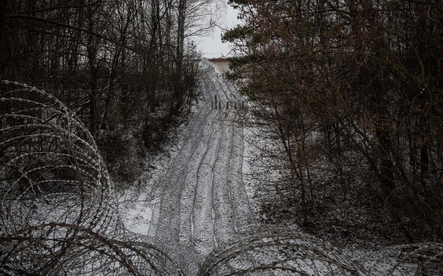 A road runs through the trees, with razor wire along the way.