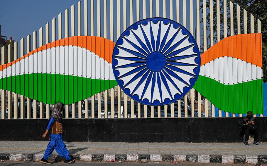 A sculpture of Indian flag motifs in New Delhi, India, is seen on March 2, 2023. 