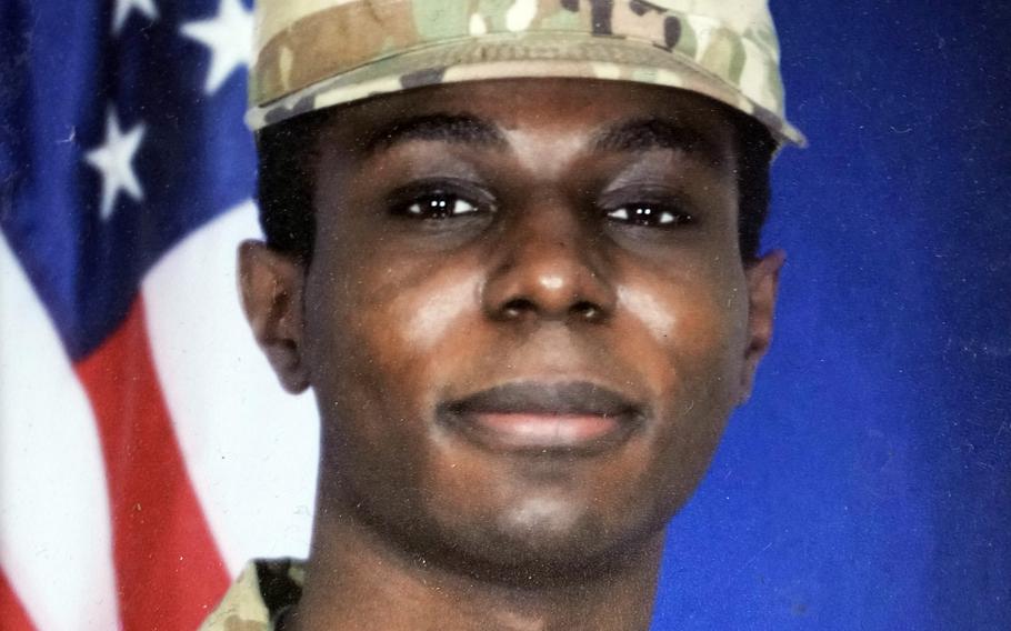 This family photo shows a portrait of American soldier Travis King displayed at the home of his grandfather Carl Gates, Wednesday, July 19, 2023, in Kenosha, Wis.