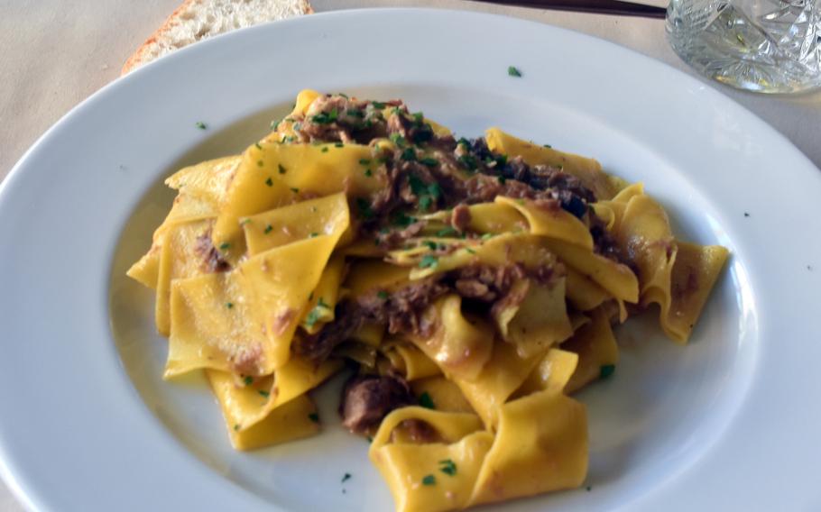 Pappardelle pasta with duck sauce was a recent first-course option at Antica Osteria Mingot in Rorai Grande, a suburb of Pordenone, Italy.

