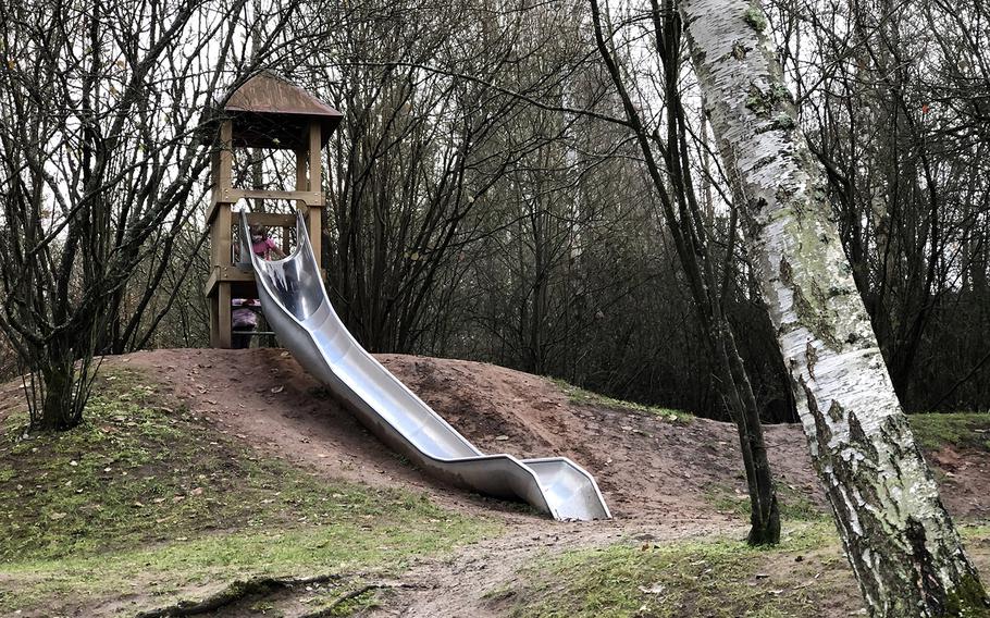 The playground at Siegelbach Park in Kaiserslautern, Germany, includes a large slide.