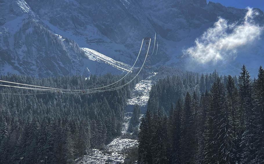 The front of the Zugspitze cable car path on March 6, 2021 in Grainau, Germany. The Zugspitze is currently closed, but visitors can park nearby and hike the surrounding trails.