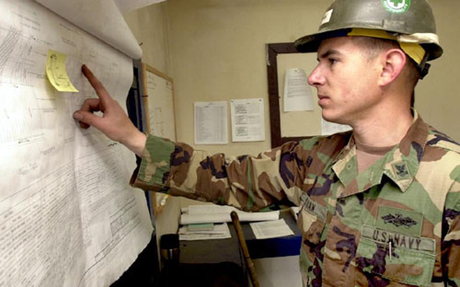 Petty Officer 2nd Class Stephen Stran, from Naval Mobile Construction Battalion THREE, said it took him nearly a year to earn his Seabee Combat Warfare pin.