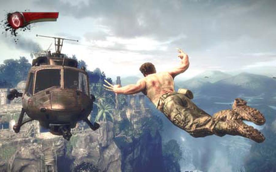 Wolverine lunges from a cliff toward a helicopter during a smackdown in Africa in “X-Men Origins: Wolverine — Uncaged Edition.”