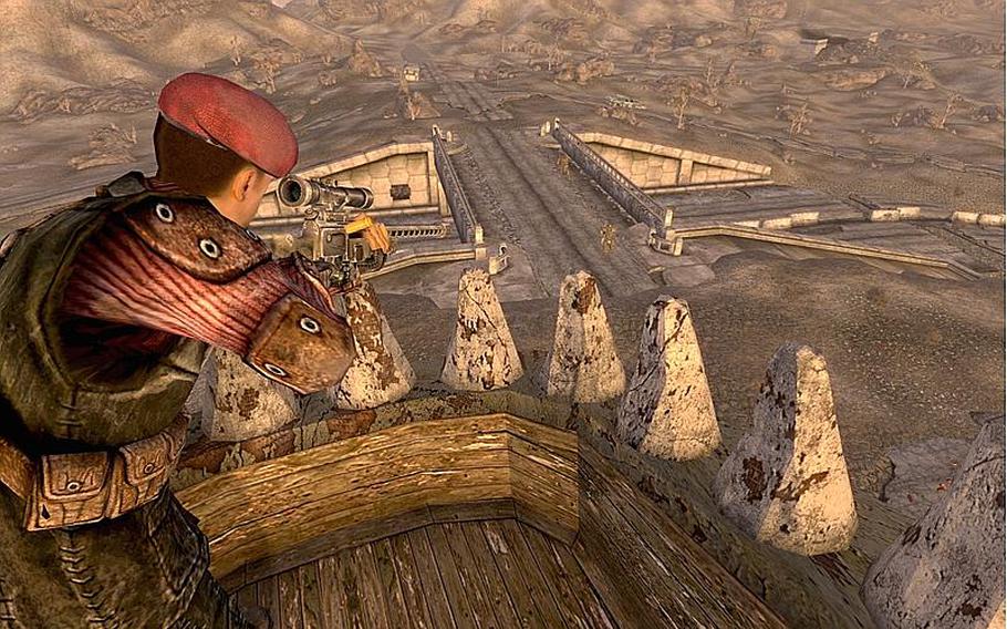 A sniper takes aim from inside the mouth of a giant dinosaur statue in 'Fallout: New Vegas.' 