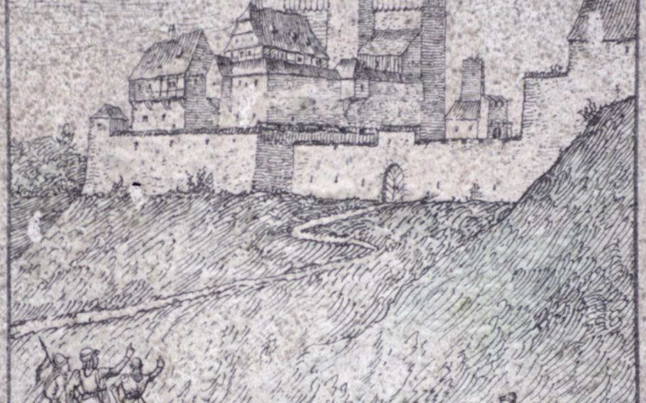 A depiction of how the Hofen castle once may have appeared from the Neckar River is displayed at the ruins. Now all that&#39;s left of the castle are a few walls and an empty moat.