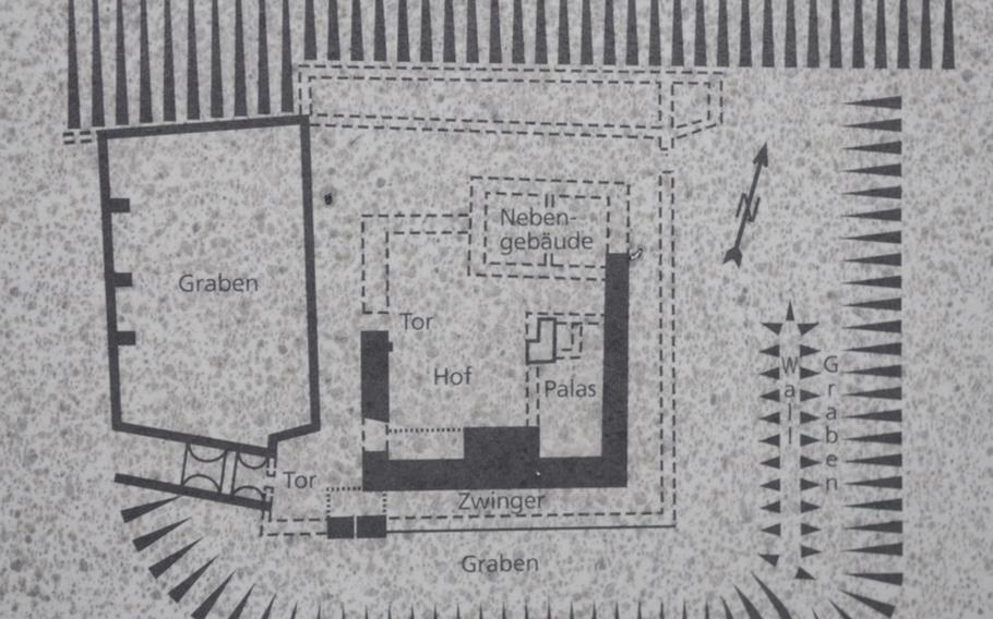 A map at the Hofen castle ruins in Stuttgart, Germany, shows what walls still stand (shown in black at center) at the site.