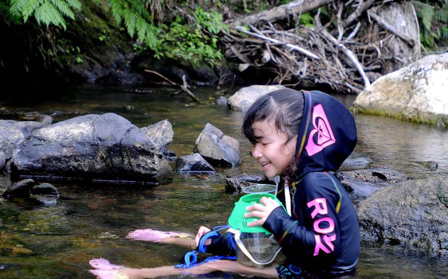 Visitors to Hiji Falls National Park, Okinawa, Japan, are discouraged from entering the water, but many locals enjoy the river for both its cool waters and the opportunity to catch a small fish or two.