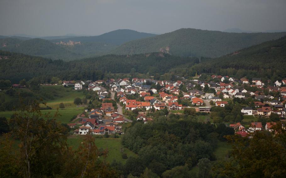 A village and the castle ruin complex of Altdahn are visible from atop the Drachenfels castle ruins east of Dahn, about five miles from the French border in Germany's Palatinate Forest.