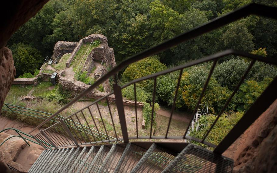 A dizzying view from the steel staircase to the upper levels of Burg Drachenfels, which rise more than 300 feet above the forest floor.