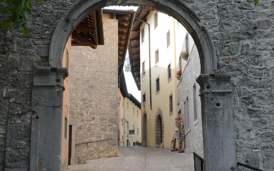 A small passageway curves through the Sanctuary of Castelmonte, a small hamlet near Udine, Italy, which boasts a church, crypt, restaurant and stores.