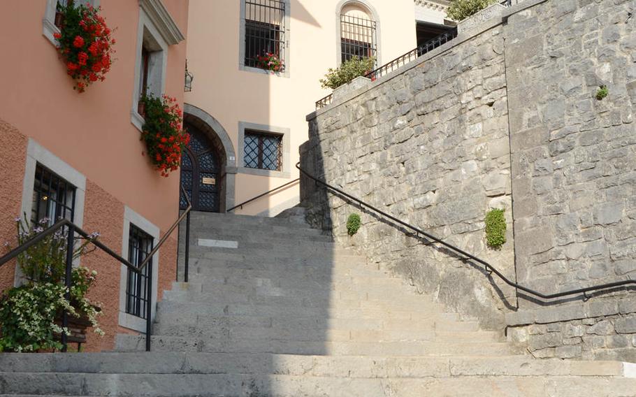 Stairs wind through parts of the 12th-century structure known as the Sanctuary of Castelmonte, which is about 16 miles from Udine, Italy.