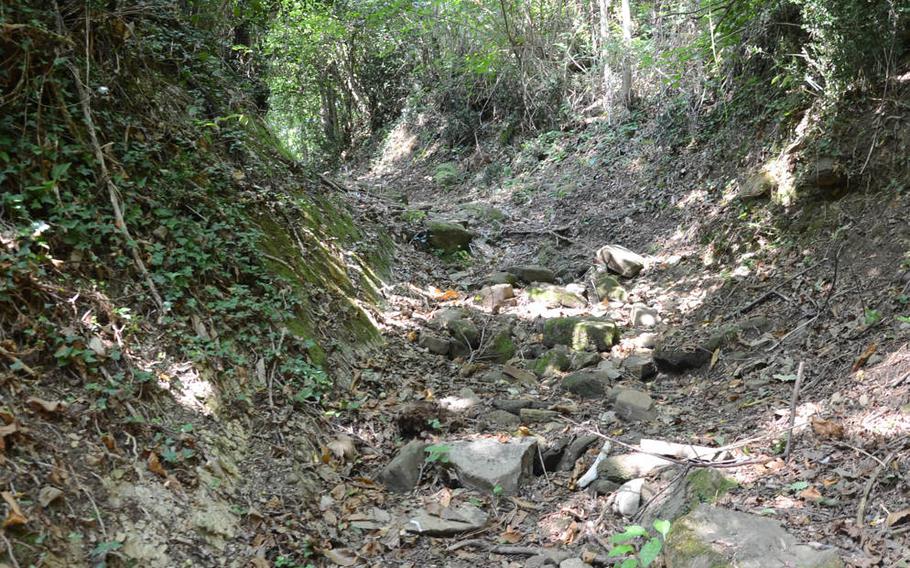 A steep, heavily-wooded trail leads to Attimis Superior and Attimis Lower, the remnants of two small castles in Attimis, Italy.