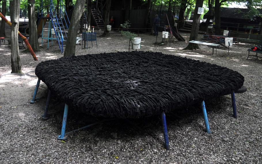 This trampoline in the play park at Osteria ai Pioppi is made of strands of rope. It's one of about 40 structures to play on - none of them employing electricity - that have been entertaining Italian kids for decades in this park near Nervesa Della Battaglia, Italy.