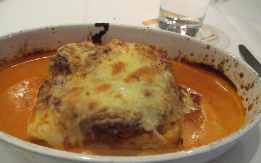 A dish of oven-baked lasagne is served at Pizzeria La Piazza. The restaurant serves high-quality Italian food at reasonable prices in downtown Kaiserslautern.