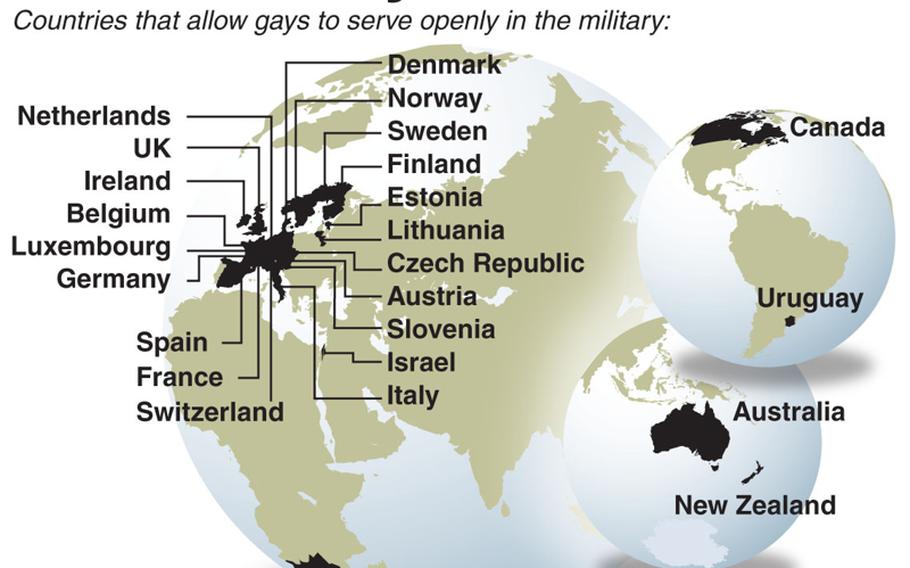 Chart shows the countries that let gays service openly in the military.