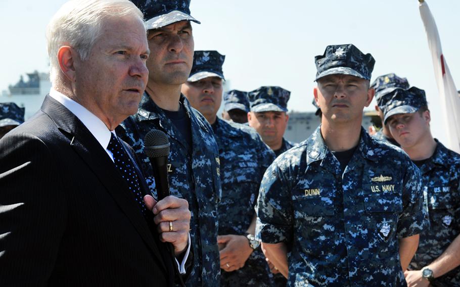 Defense Secretary Robert Gates meets with crew members aboard the destroyer USS Higgins. The ship recently returned from an around-the-world deployment and was the first ship to arrive in Haiti, following January's earthquake.

