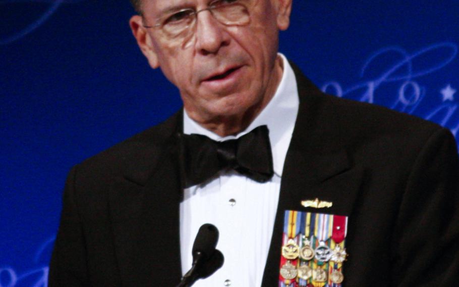 Adm. Michael Mullen, chairman of the Joint Chiefs of Staff, speaks at the USO Gala.