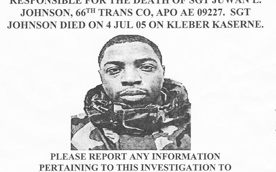 A 2006 handout offering a $25,000 reward for information about the death of Sgt. Juwan Johnson. 