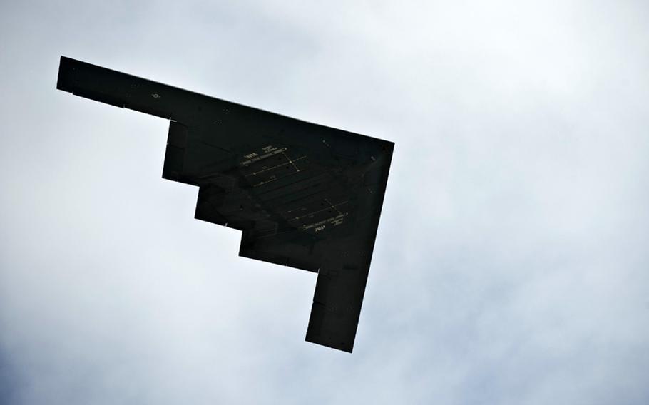 A U.S. Air Force B-2 from the 509th Bomber Wing flies over the flightline during the 2011 Aviation Nation Open House Nov. 13, 2011, at Nellis Air Force Base, Nev.