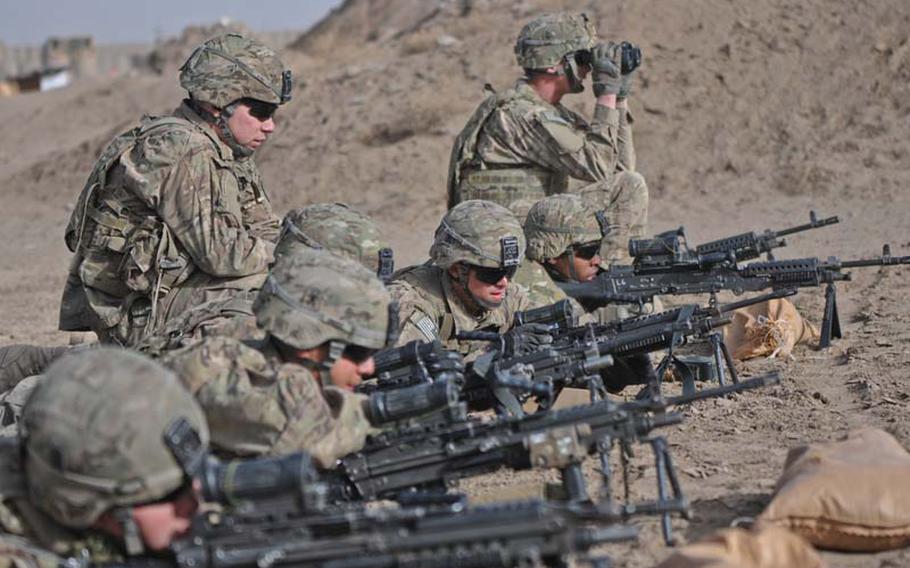 Paratroopers of 2nd Platoon "Gunslingers," Baker Company, engage their targets during a zero range at Combat Outpost Rahman Kheyl March 16. Baker Company is part of the 3rd Battalion (Airborne), 509th Infantry Regiment, Task Force Gold Geronimo.