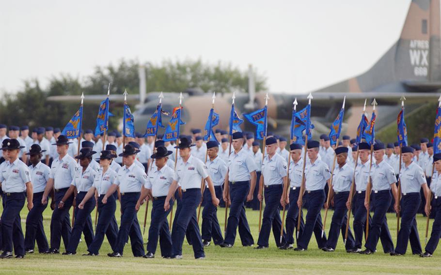 Airmen participate in the Basic Military Training graduation parade, marking the end of the six-week training period for about 750 of the Air Force's newest Airmen in this undated photo.