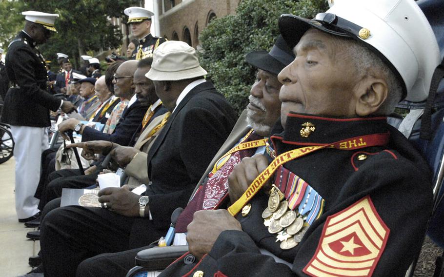 Retired Marine Sgt. Major William Vann was among approximately 400 Montford Point Marines who attended a ceremony in their honor Thursday at Marine Barracks in Washington, D.C., where the WWII-era Marines were presented bronze replicas of the Congressional Gold Medal.