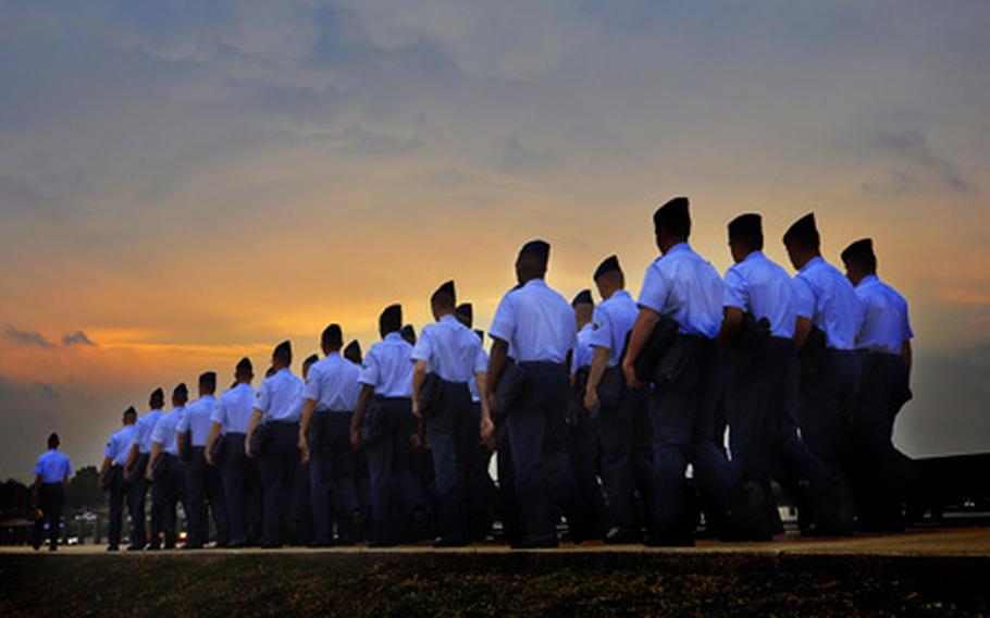 Basic trainees march to the parade grounds for their graduation from Lackland Air Force Base, Texas.