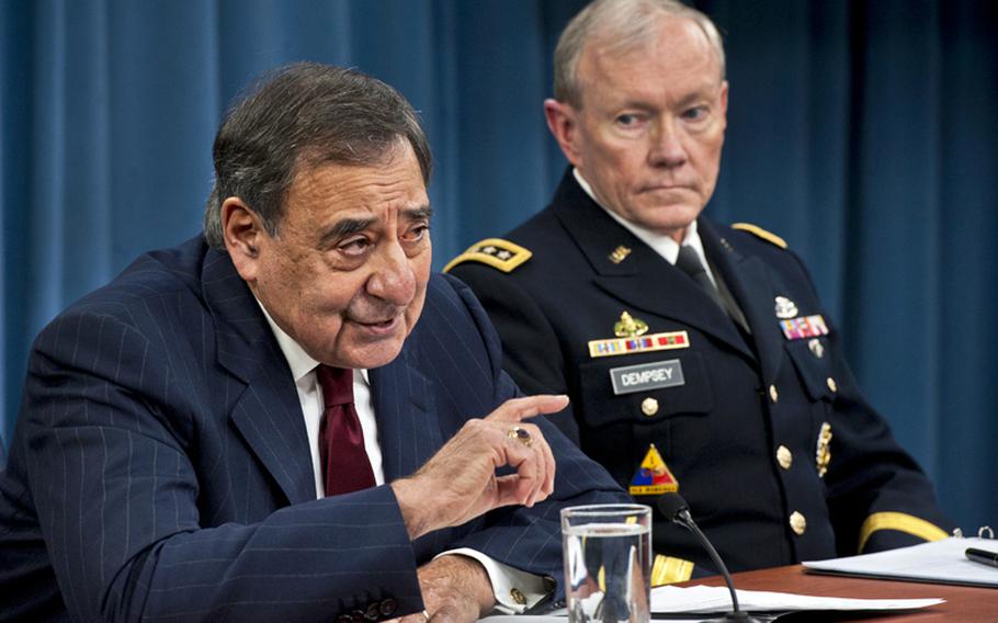 Defense Secretary Leon E. Panetta and Army Gen. Martin E. Dempsey, chairman of the Joint Chiefs of Staff, discuss the effects of sequestration during a news conference at the Pentagon, Jan. 10, 2013.