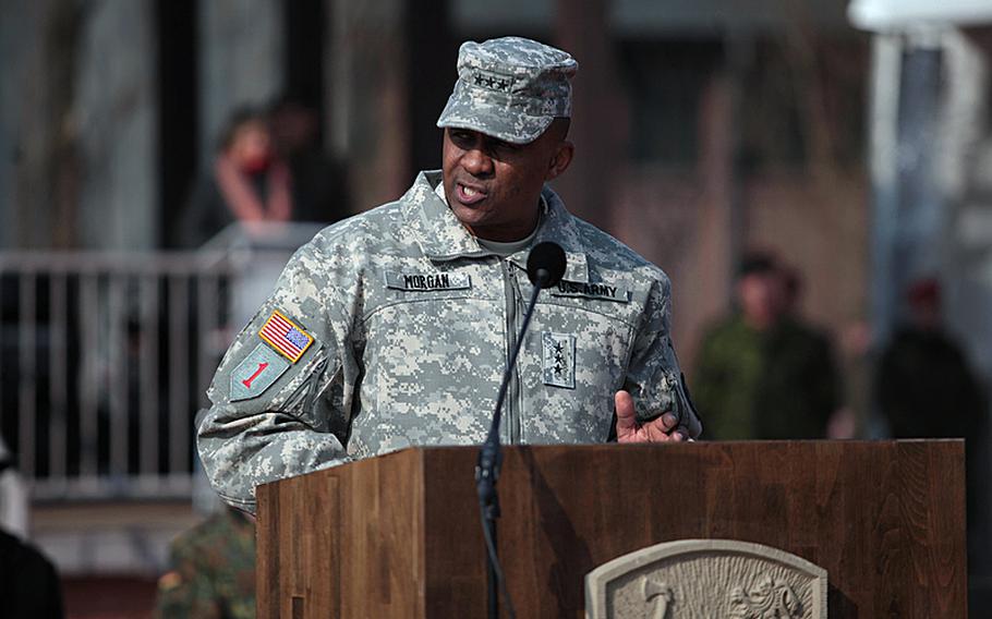 U.S. Army Lt. Gen. John W. Morgan III, commander of NATO's Headquarters Allied Force Command Heidelberg, speaks during his unit's deactivation ceremony Thursday at Campbell Barracks in Heidelberg, Germany, which the unit shares with the headquarters of U.S. Army Europe and 7th Army.