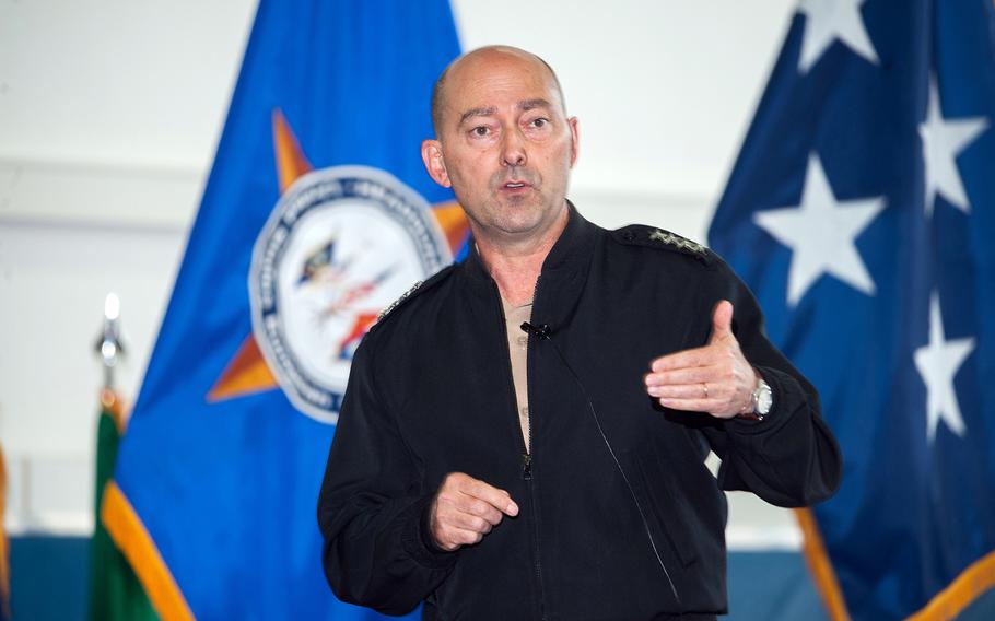 Admiral James Stavridis, U.S. European Command and NATO Supreme Allied Commander Europe, speaks to at an "All Hands Call" at Stuttgart-Vaihingen, Germany, on August 6, 2012.