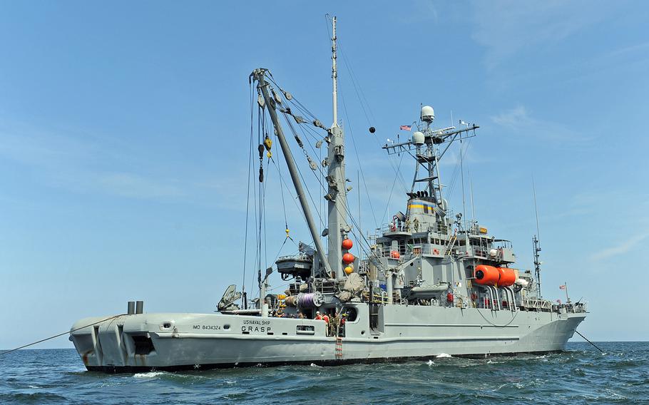 The Military Sealift Command rescue and salvage ship USNS Grasp sits at anchor in the Black Sea on June 1, 2012,  during Eurasian Partnership Dive 2012. The ship and its crew have been notified that an upcoming deployment has been canceled.
