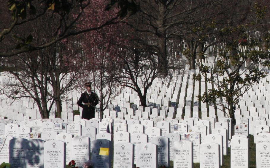 A soldier at the funeral of Army Capt. Andrew Pedersen-Keel at Arlington National Cemetery on March 27, 2013. Pedersen-Keel was killed March 11 in an insider attack in Afghanistan.