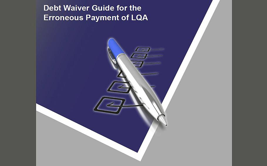 Screen grab from the Defense Finance and Accounting Service website with information on how to request a debt waiver for erroneous payment of LQA.