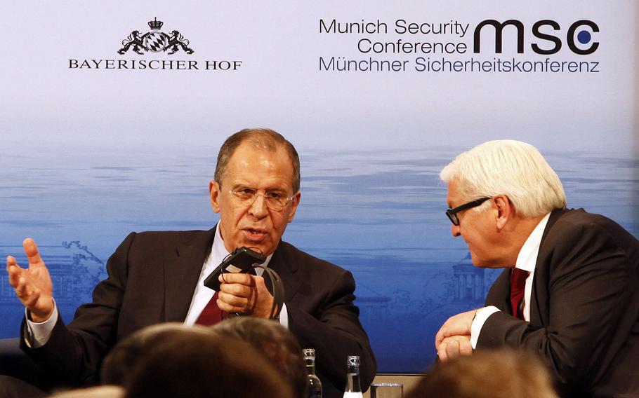 Russian Minister of Foreign Affairs Sergey V. Lavrov speaks with Frank-Walter Steinmeier, his German counterpart, during the Munich Security Conference.